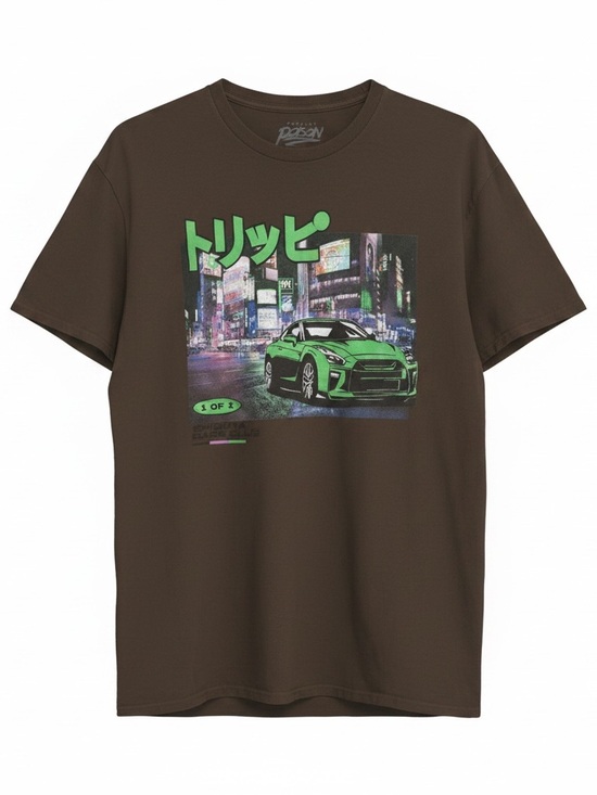 Poison Other - Graphic Short Sleeve Tee with Neon Car Print - Brown/Green